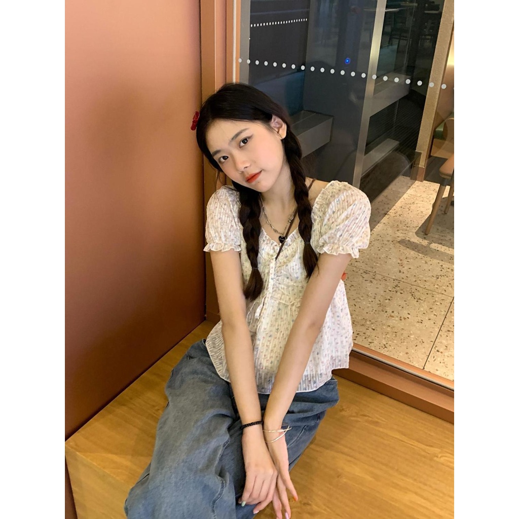 Áo Voan Cổ Vuông Tay Phồng Họa Tiết Hoa Phong Cách Pháp Thời Trang Mùa Hè Cho Nữ