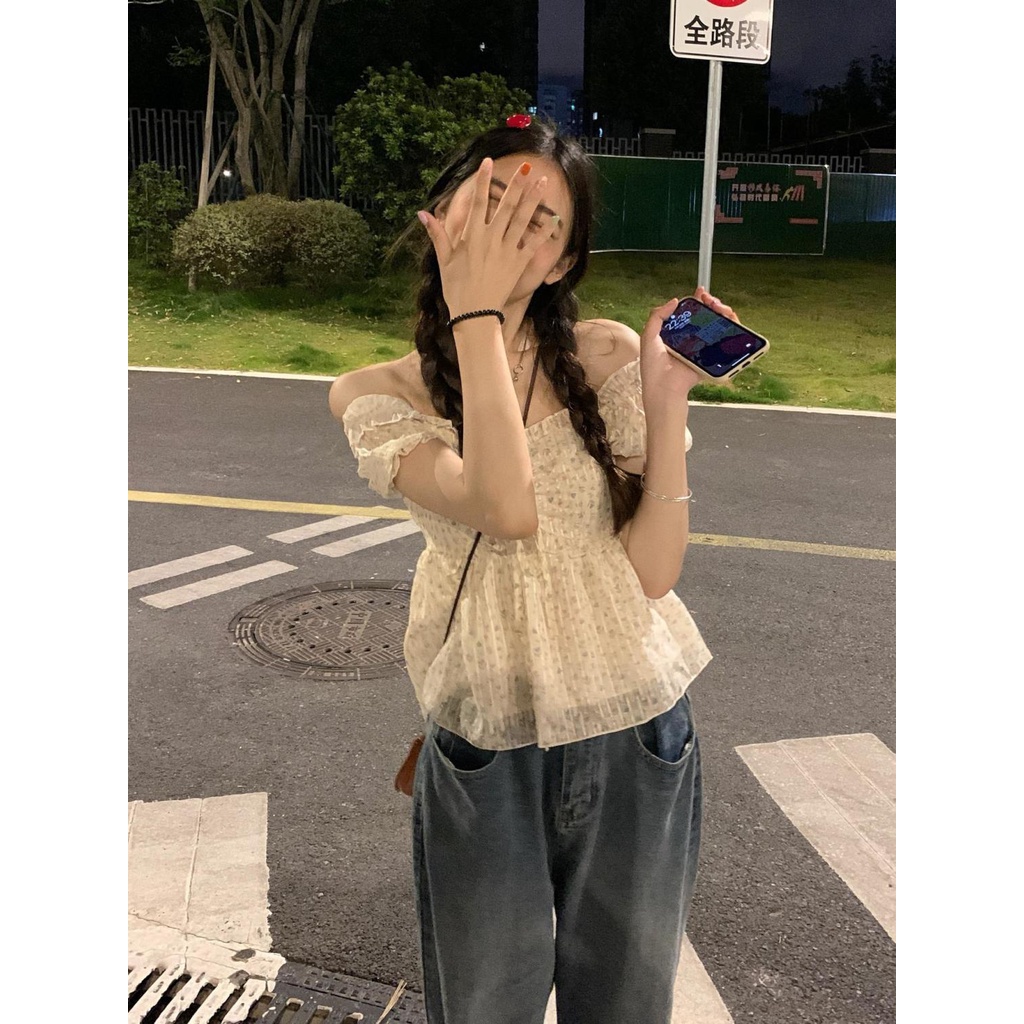 Áo Voan Cổ Vuông Tay Phồng Họa Tiết Hoa Phong Cách Pháp Thời Trang Mùa Hè Cho Nữ