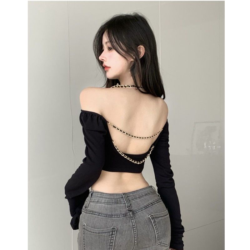Áo Thun Tay Dài Hở Vai Phối Dây Xích Dáng Ôm Màu Đen Thời Trang Mùa Hè Quyến Rũ Cho Nữ