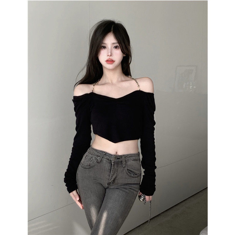 Áo Thun Tay Dài Hở Vai Phối Dây Xích Dáng Ôm Màu Đen Thời Trang Mùa Hè Quyến Rũ Cho Nữ