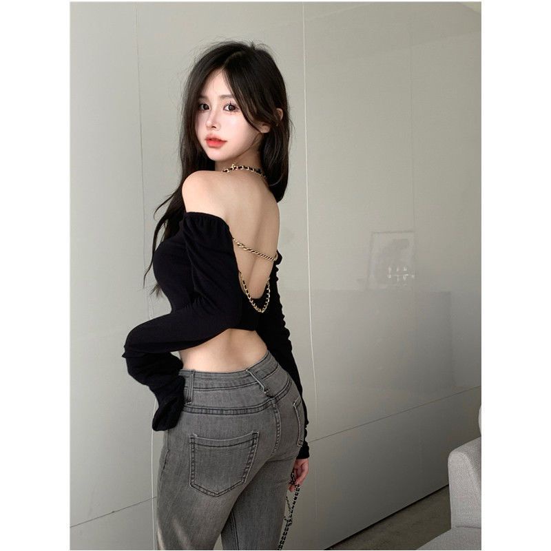 Áo Thun Tay Dài Hở Vai Phối Dây Xích Dáng Ôm Màu Đen Thời Trang Mùa Hè Quyến Rũ Cho Nữ