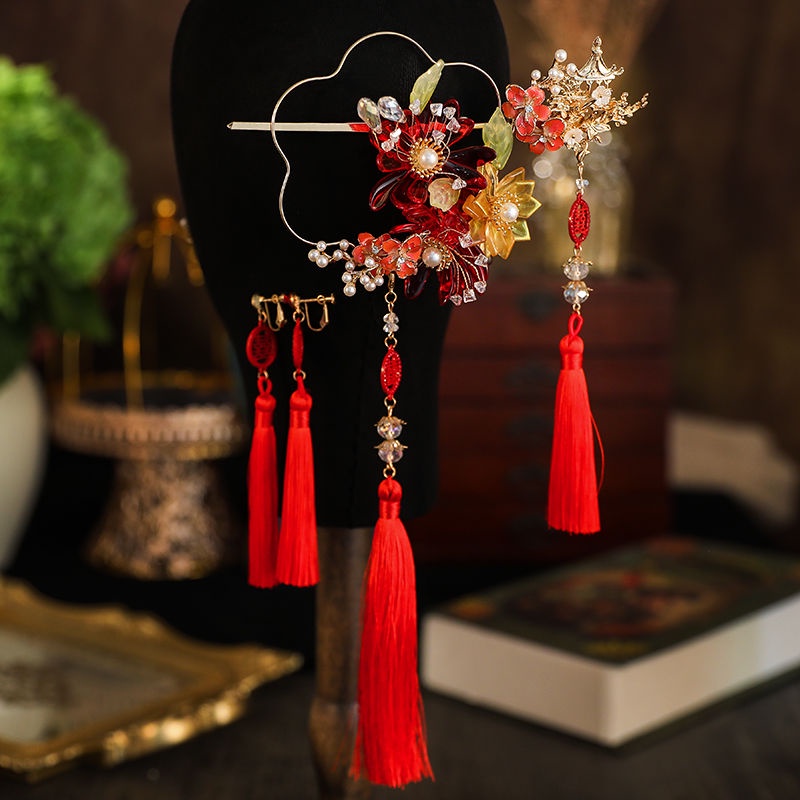 [Aishang Phụ Kiện Đẹp] Trâm Cài Tóc Cô Dâu Xiuhe Phong Cách Trung Hoa Cổ Điển Kính Đỏ Bước Lắc Chân