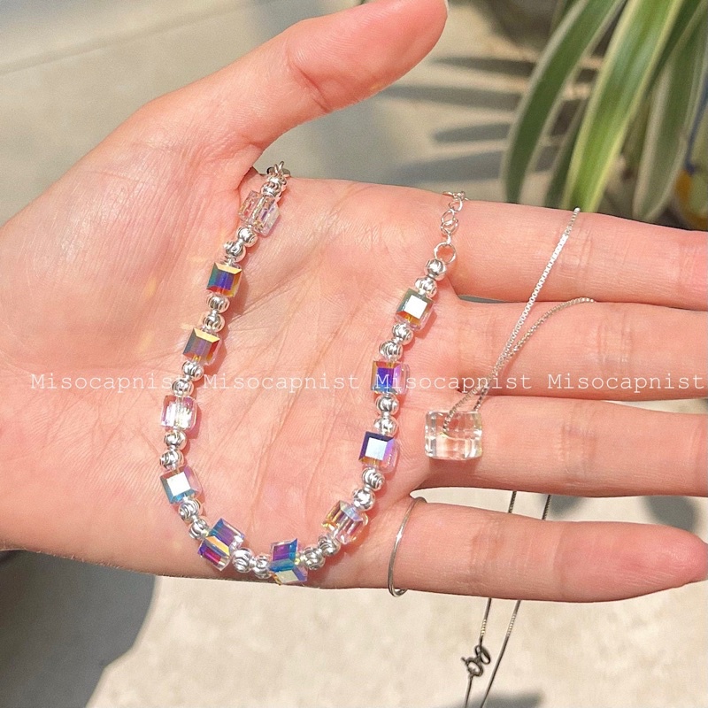 bộ pha lê hạt vuông mix bạc - dây chuyền, lắc tay