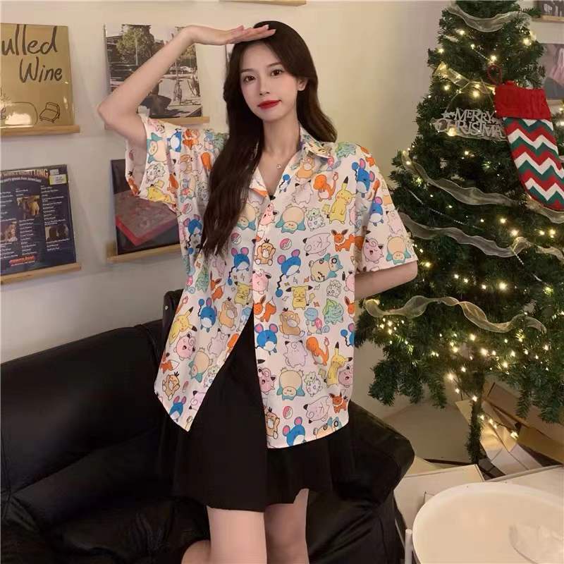 Jiashucheng Áo Sơ Mi Ngắn Tay Dáng Rộng In Hoạt Hình Kiểu Nhật Bản Thời Trang Xuân Hè Cho Các Cặp Đôi