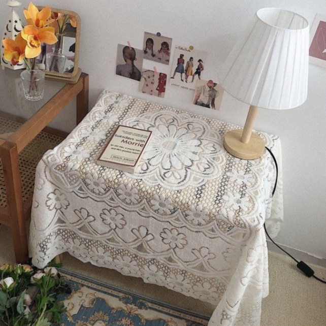 Khăn trải bàn vintage, khăn hình vuông họa tiết ren hoa màu trắng phủ bàn tròn, chữ nhật, ...cực đẹp