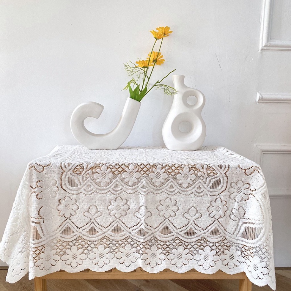 Khăn trải bàn vintage, khăn hình vuông họa tiết ren hoa màu trắng phủ bàn tròn, chữ nhật, ...cực đẹp