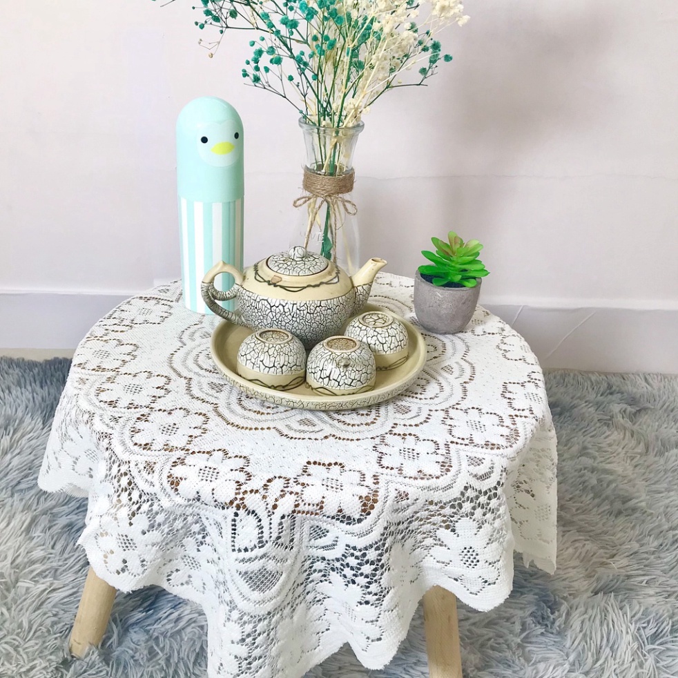 Khăn trải bàn vintage, khăn hình vuông họa tiết ren hoa màu trắng phủ bàn tròn, chữ nhật, ...cực đẹp
