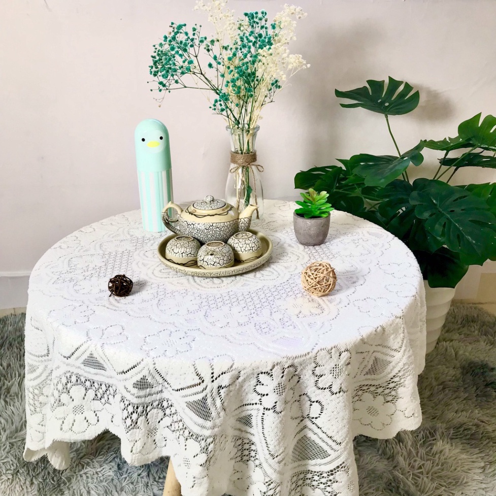 Khăn trải bàn vintage, khăn hình vuông họa tiết ren hoa màu trắng phủ bàn tròn, chữ nhật, ...cực đẹp