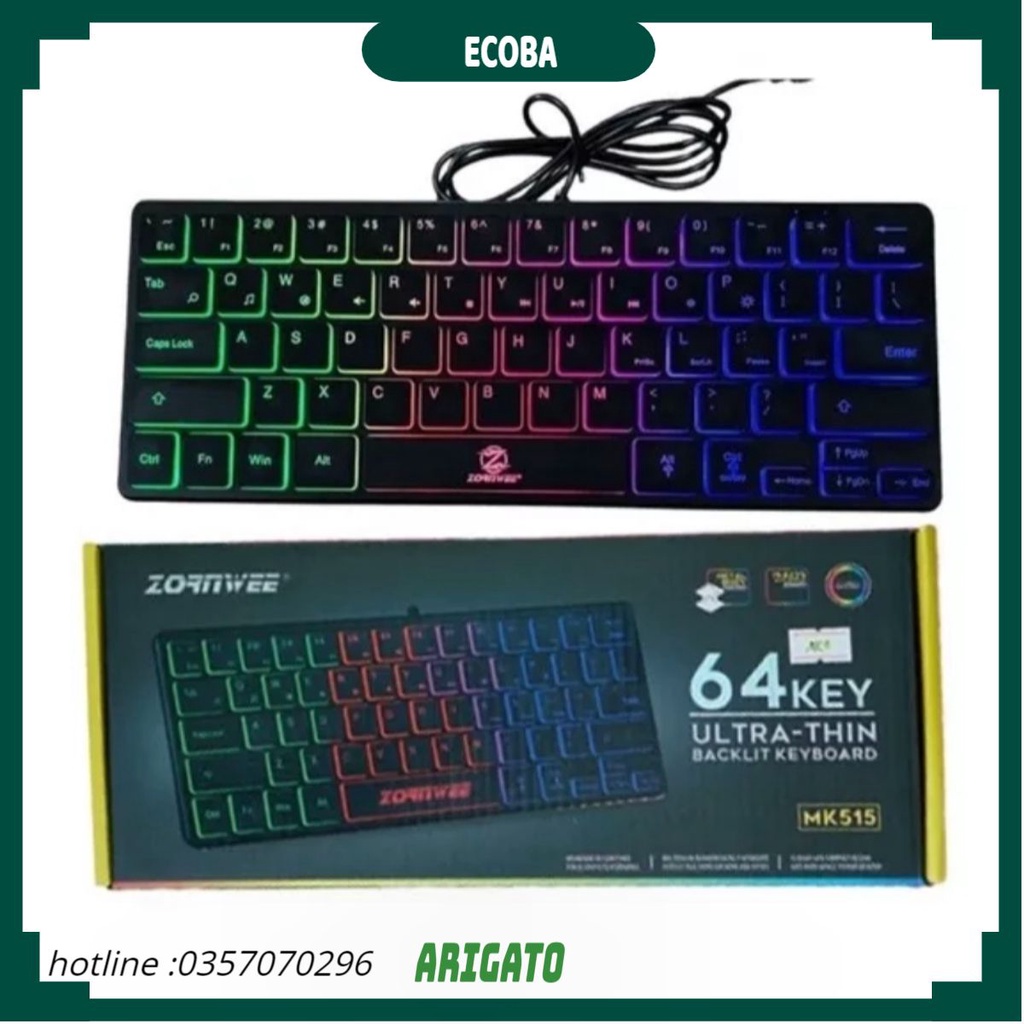 Bàn phím mini led có dây MK515 K520 không led Vnet/Arigato cổng usb bảo hành 6 tháng ECOBA