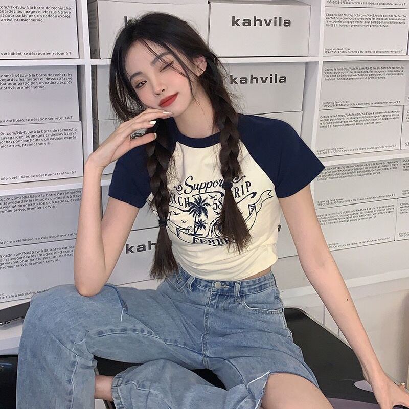Jiashucheng Áo Thun Ngắn Tay Ôm Eo Không Tay Phong Cách Đường Phố Mùa Hè Hàn Quốc Cho Nữ Sinh @