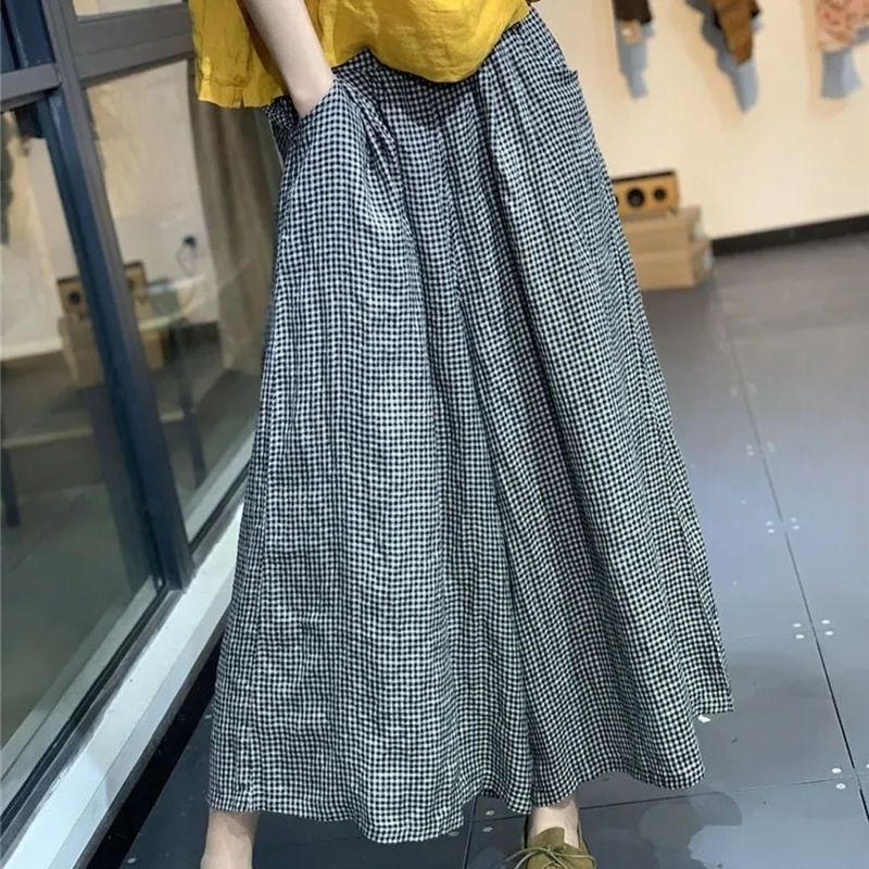 Jiashucheng Quần Cotton Lanh Giả Sọc Caro Dáng Rộng Phong Cách Mới Mùa Xuân Hè Cho Nữ