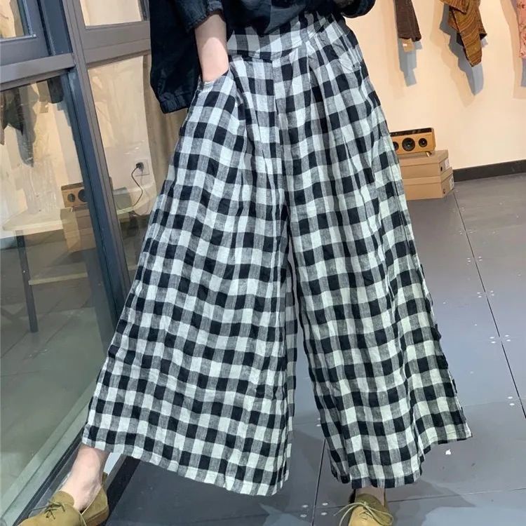 Jiashucheng Quần Cotton Lanh Giả Sọc Caro Dáng Rộng Phong Cách Mới Mùa Xuân Hè Cho Nữ