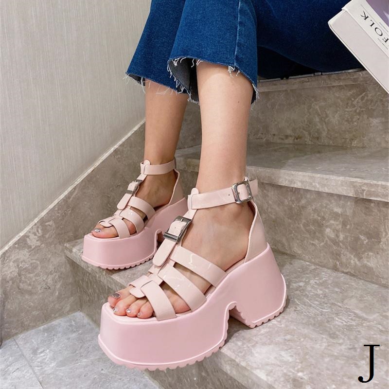 Plover Giày Sandal Đế Xuồng Cao Siêu Cao Bằng Da Bóng Phiên Bản Hàn Quốc