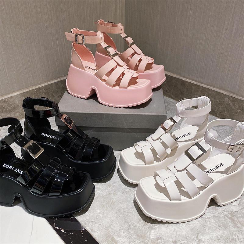 Plover Giày Sandal Đế Xuồng Cao Siêu Cao Bằng Da Bóng Phiên Bản Hàn Quốc