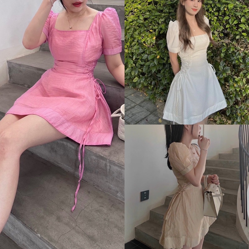 ĐẦM HỒNG CỔ VUÔNG ĐAN DÂY EO ✨