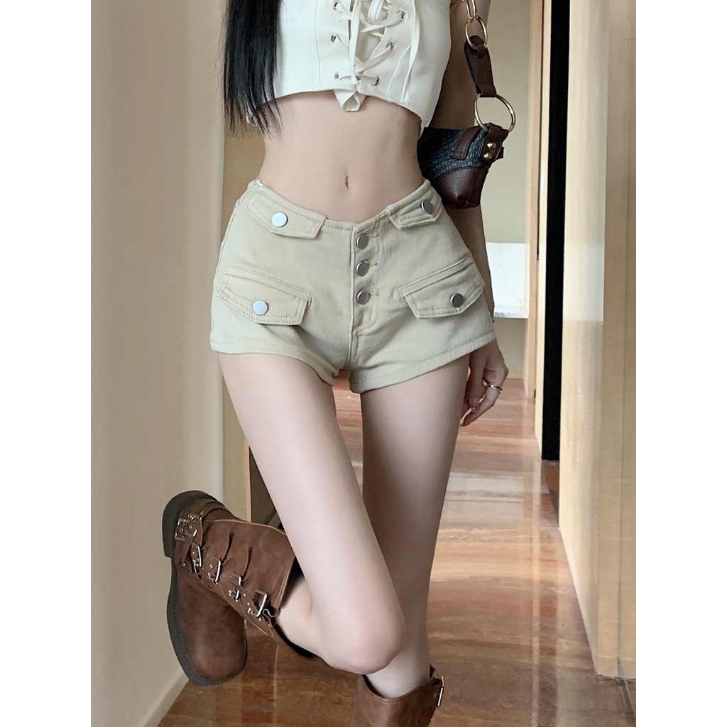 Jiashucheng Quần Yếm Denim Ngắn Dáng Ôm Lưng Thấp Màu Sắc Sáng Thời Trang Mùa Hè Quyến Rũ Dễ Phối Đồ Dành Cho Nữ