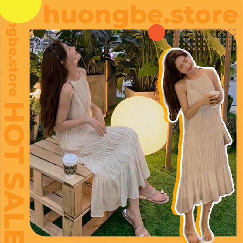 Đầm maxi cổ yếm xếp ly, dáng dài đuôi cá, 2 lớp, có size