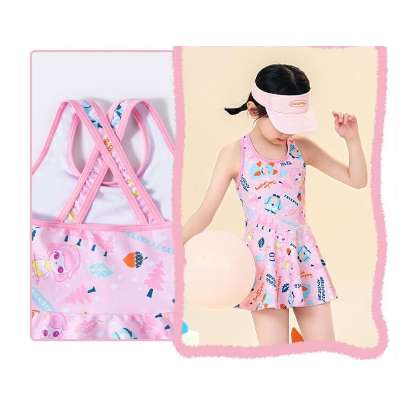 Sét váy bơi dây chéo lưng nữ tính YY2219 cho bé gái, họa tiết dễ thương cùng màu hồng vô cùng ngọt ngào