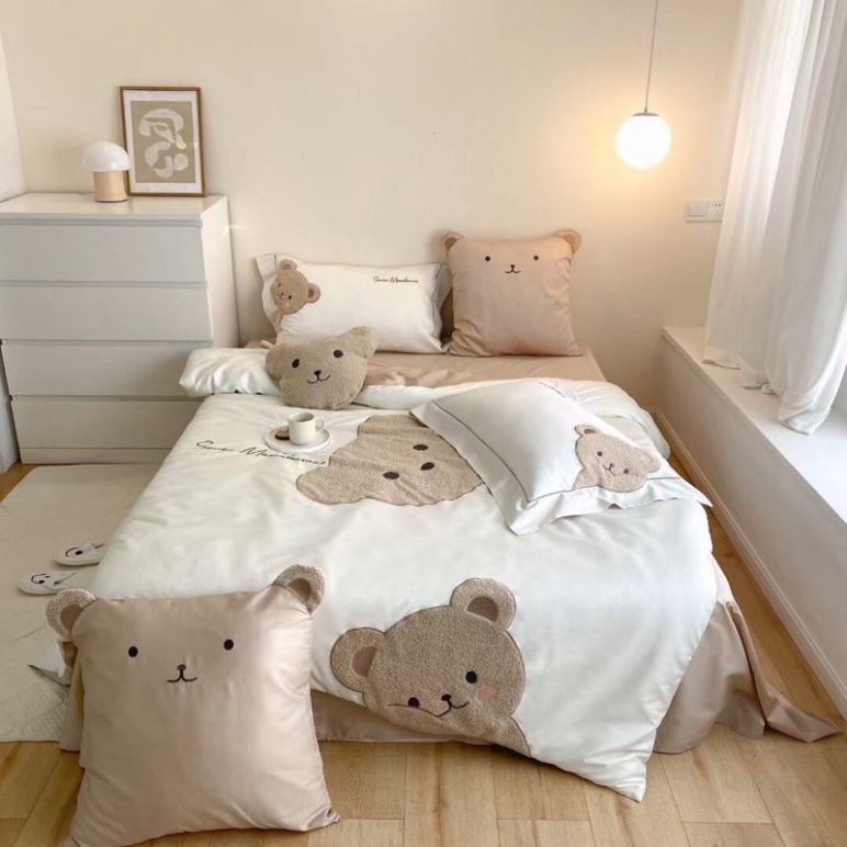 Bộ chăn ga kèm vỏ gối Teddy Bear Lụa tặng kèm gấu teddy xinh xắn