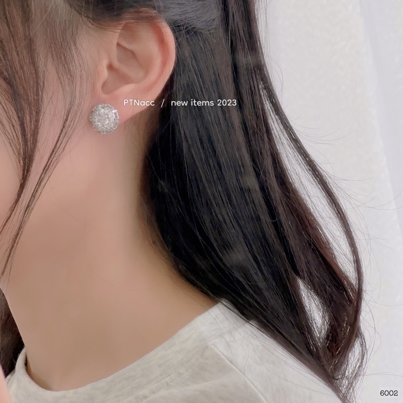 Bông tai, khuyên tai xi bạc kim đính đá paguet dáng tròn siêu sáng .PTNACC.