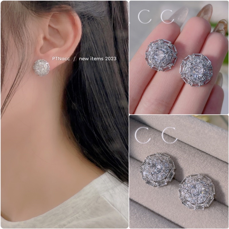 Bông tai, khuyên tai xi bạc kim đính đá paguet dáng tròn siêu sáng .PTNACC.