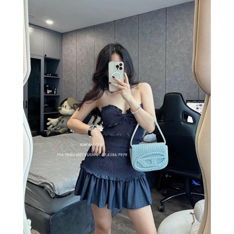 Đầm xoè jeans hai dây nhún chun, váy bò cúp ngực