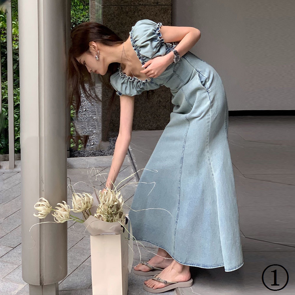 Đầm Denim Đuôi Cá Cổ Chữ V Tay Phồng Thời Trang Mùa Hè 2023