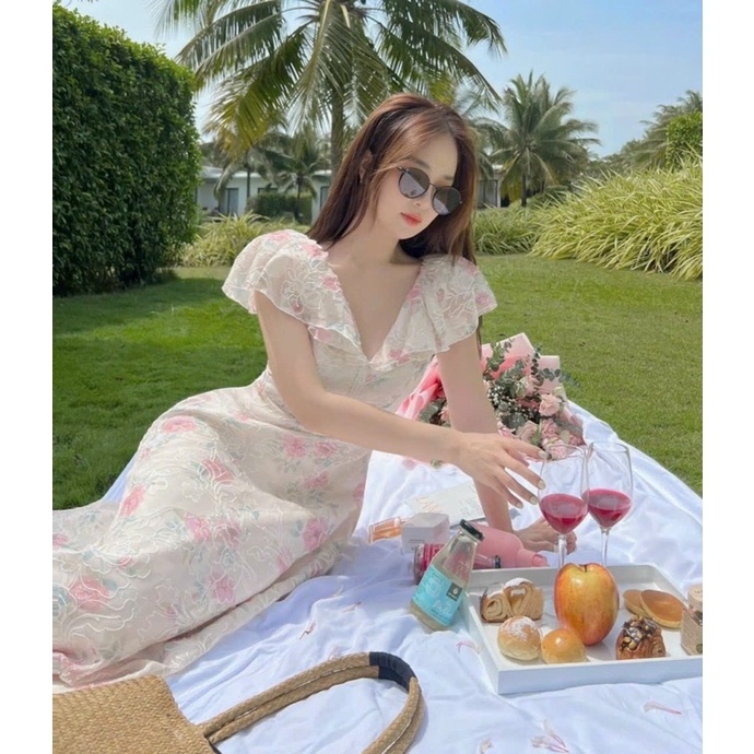 Đầm váy maxi hoa thêu tay cánh tiên hoạ tiết hoa nổi siêu xinh sang chảnh đi biển xuất sắc-MaxiTinTin