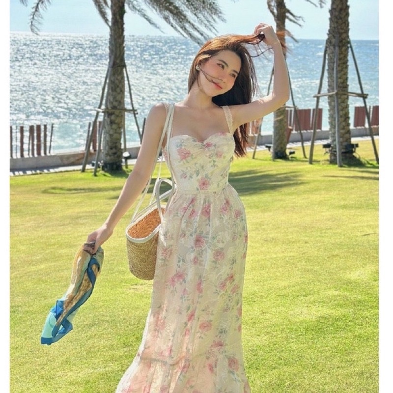 Đầm váy maxi hoa thêu tay cánh tiên hoạ tiết hoa nổi siêu xinh sang chảnh đi biển xuất sắc-MaxiTinTin