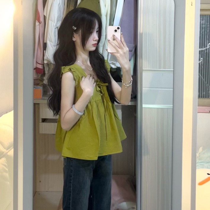 Jiashucheng Áo Hai Dây Dáng Ngắn Nhỏ Màu Xanh Lá Thời Trang Mùa Hè Cho Nữ