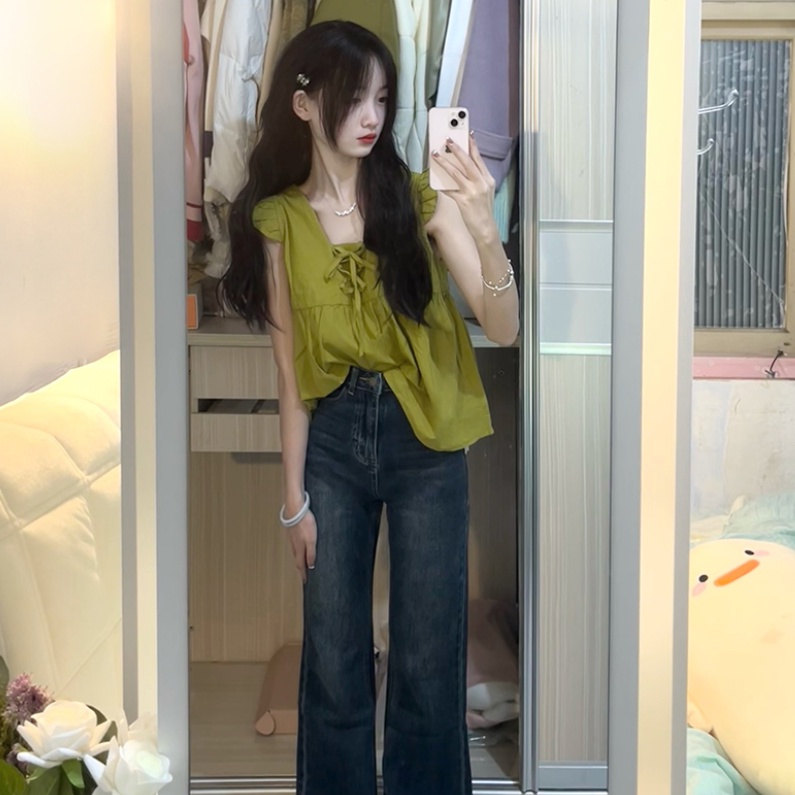 Jiashucheng Áo Hai Dây Dáng Ngắn Nhỏ Màu Xanh Lá Thời Trang Mùa Hè Cho Nữ