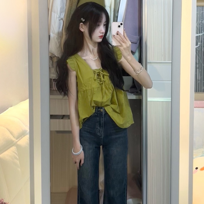 Jiashucheng Áo Hai Dây Dáng Ngắn Nhỏ Màu Xanh Lá Thời Trang Mùa Hè Cho Nữ