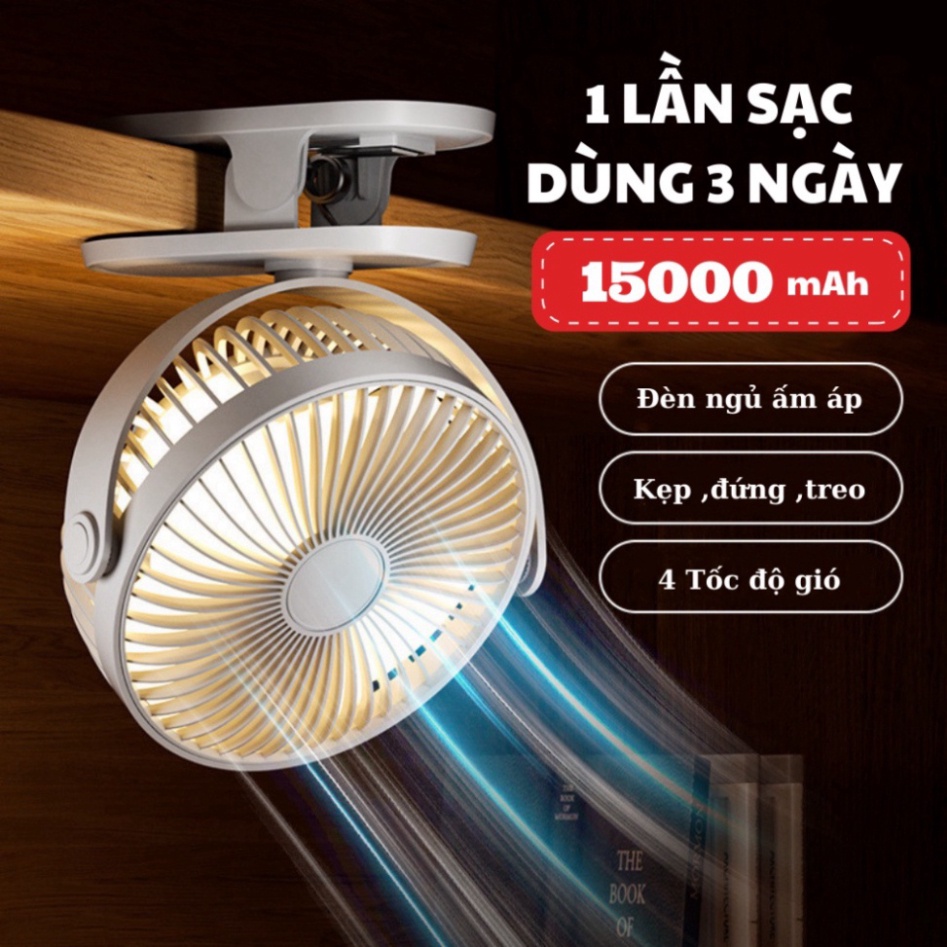 Quạt tích điện 15000mAh,10000mAh Quạt kẹp mini 20h giờ liên tục - Bảo hành 15 tháng