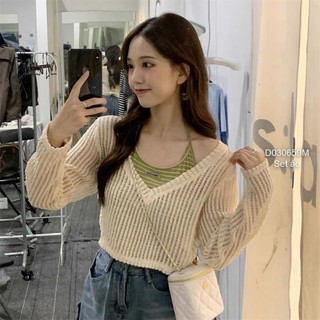 Set áo yếm thun sọc croptop kèm áo lưới tay dài cổ tim 0306