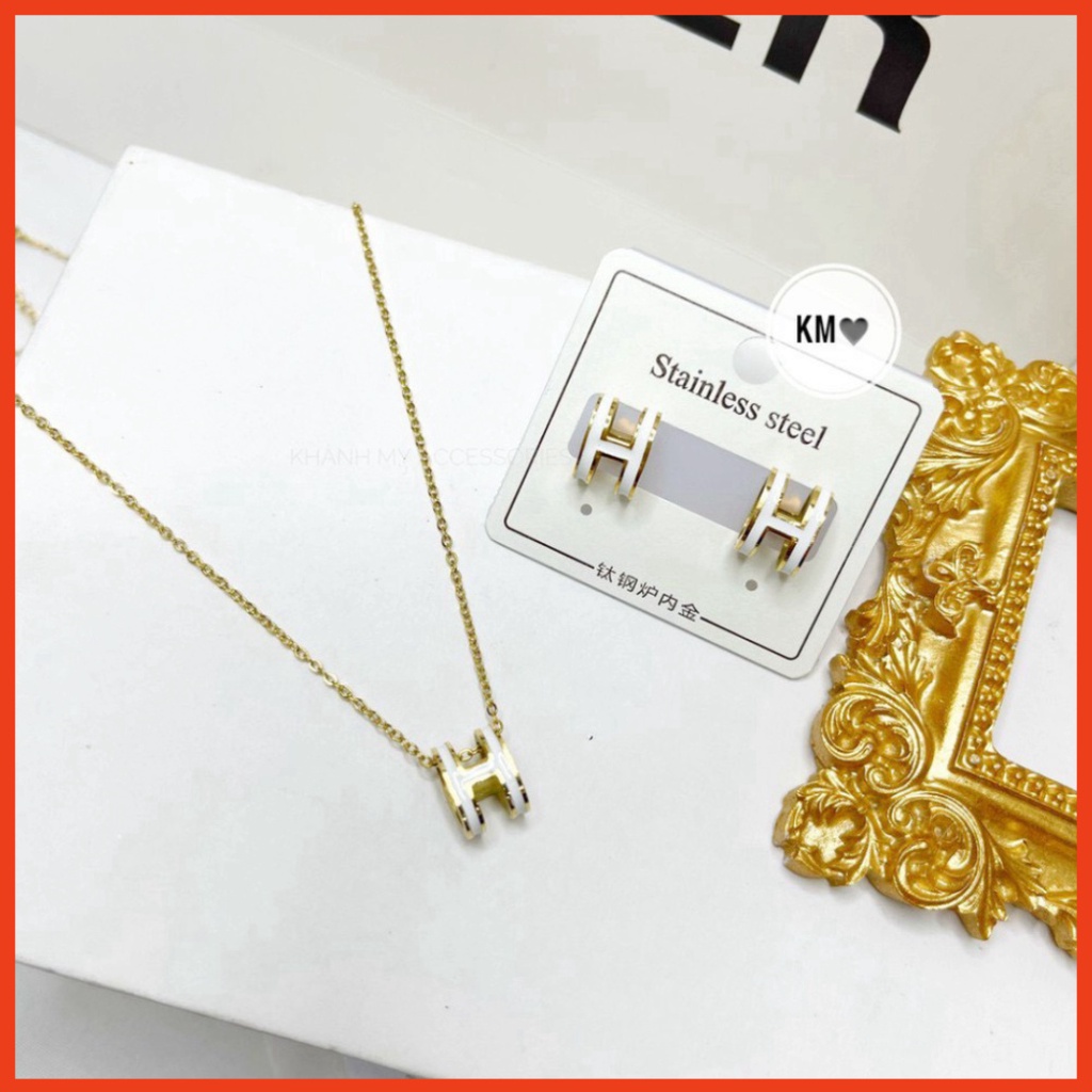 Sét vòng cổ titan chữ H khuyên tai,lắc tay.titan chữ H dây chuyền chữ H titan không bay màu Shop Mai Phương Bùi