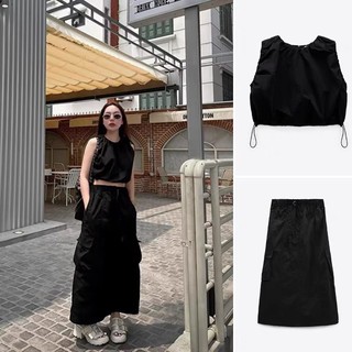 Set áo croptop + chân váy túi hộp màu đen
