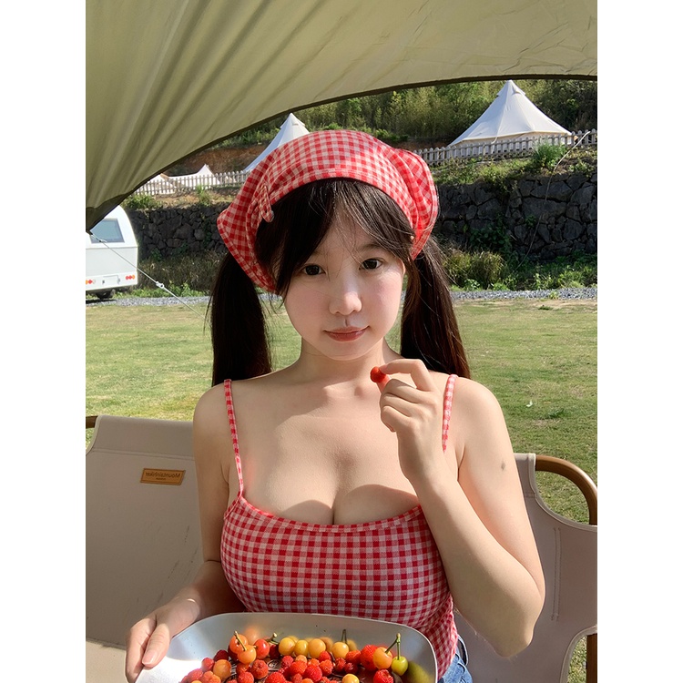 ✿ áo cổ yếm ✿ có hàng sẵn ⚘Áo hai dây Sọc Caro Đỏ Cao Cấp Dành Cho Nữ Và Phụ Nữ#39; s 2023 Áo Ngắn Mỏng Vừa Vặn Gợi Cảm Mùa Hè Mới❖