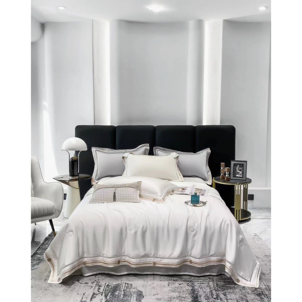 Bộ Chăn Ga Gối Lụa Tencel 120s Chăn Chần Bông Thêu Viền Kim Sa Cao Cấp