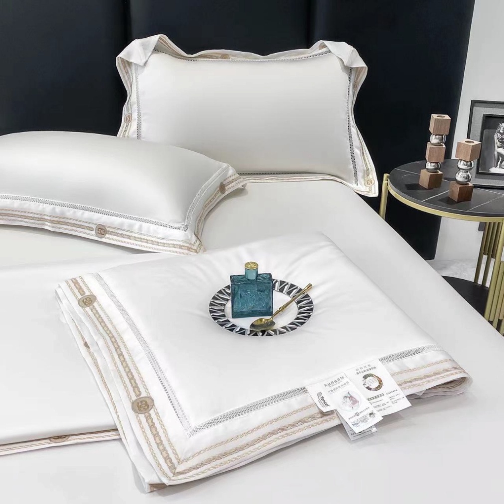 Bộ Chăn Ga Gối Lụa Tencel 120s Chăn Chần Bông Thêu Viền Kim Sa Cao Cấp