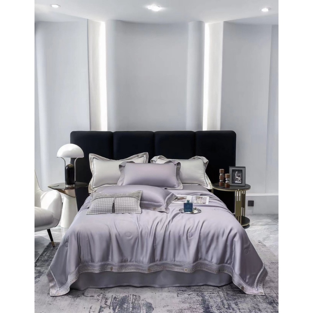 Bộ Chăn Ga Gối Lụa Tencel 120s Chăn Chần Bông Thêu Viền Kim Sa Cao Cấp