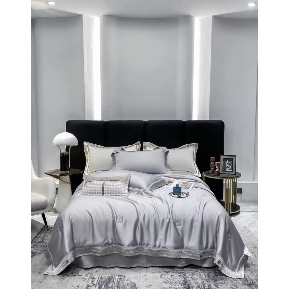 Bộ Chăn Ga Gối Lụa Tencel 120s Chăn Chần Bông Thêu Viền Kim Sa Cao Cấp