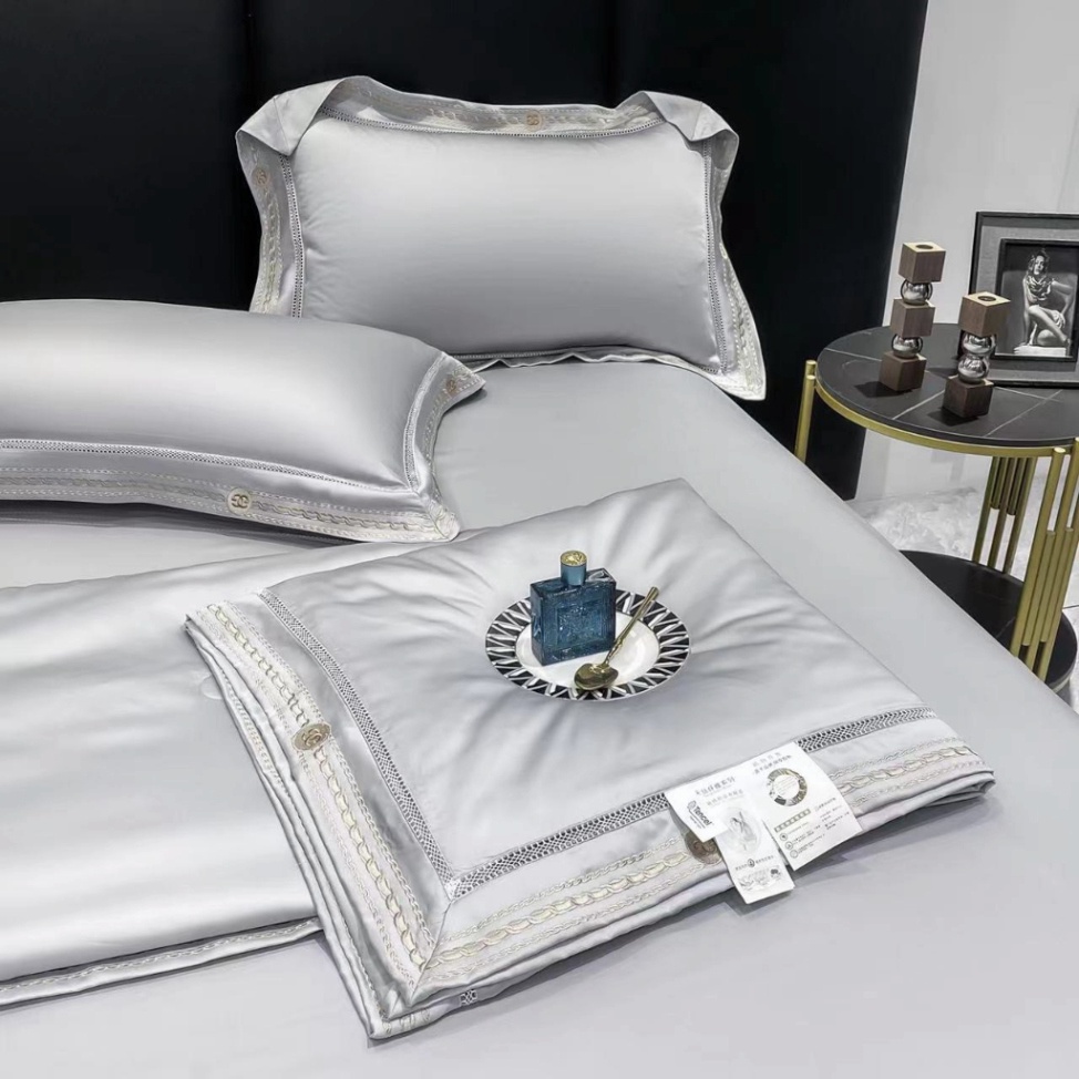 Bộ Chăn Ga Gối Lụa Tencel 120s Chăn Chần Bông Thêu Viền Kim Sa Cao Cấp