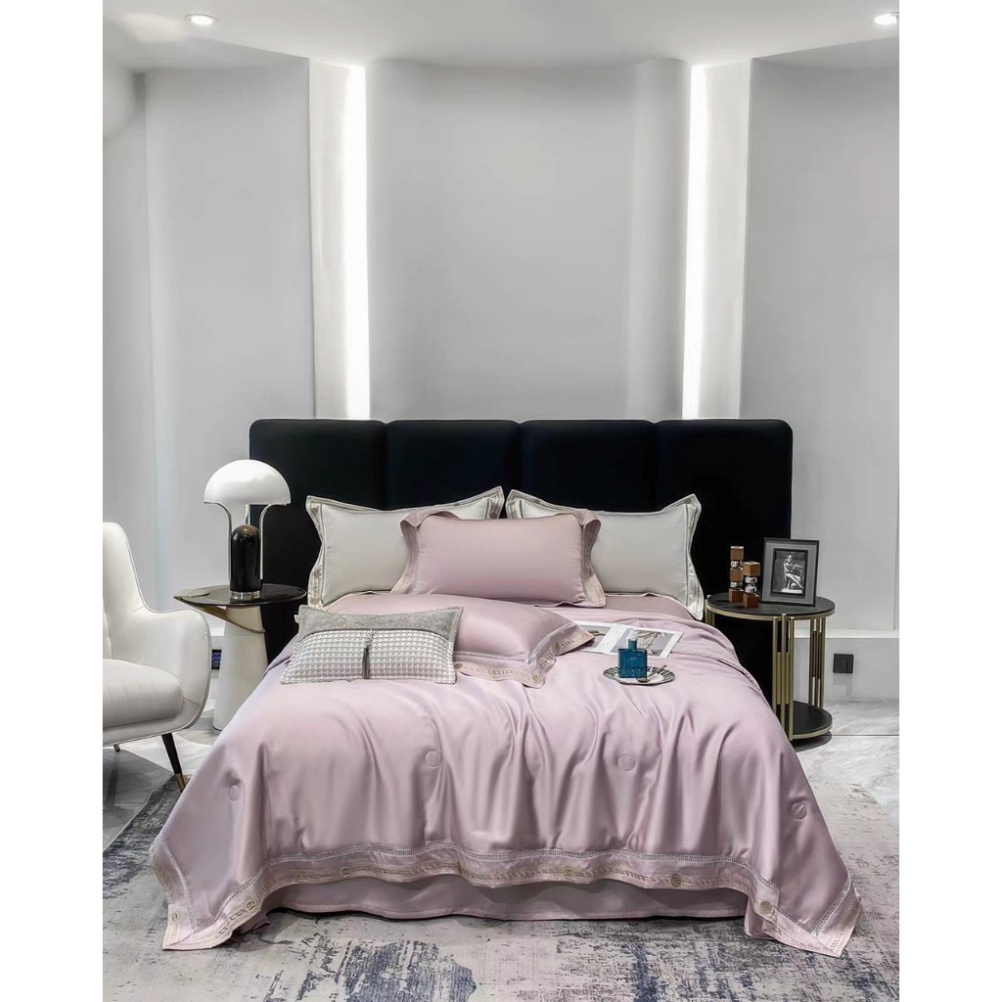 Bộ Chăn Ga Gối Lụa Tencel 120s Chăn Chần Bông Thêu Viền Kim Sa Cao Cấp