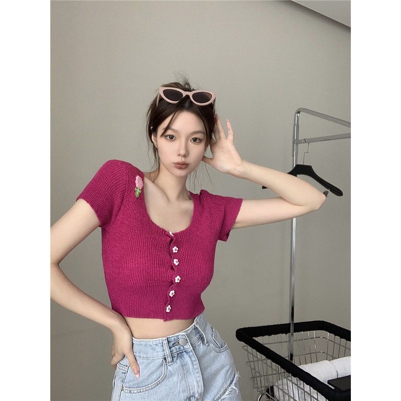 Jiashucheng Áo Thun Dệt Kim Ngắn Tay Phong Cách Phương Tây Thời Trang Mùa Xuân Cho Nữ