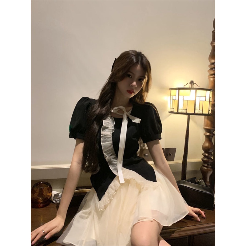 Bộ Áo Ngắn Tay Cao Cấp Phối Bèo Nhún + Chân Váy Lưới Phồng Thời Trang Mùa Hè Mới Cho Nữ