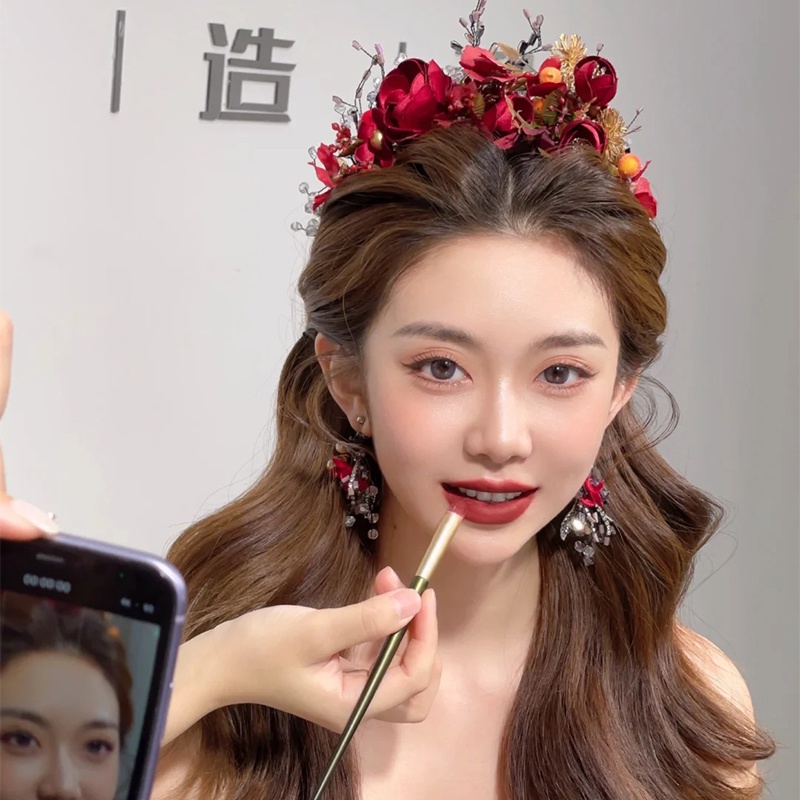Băng Đô Cài Tóc Đính Hạt Pha Lê Màu Đỏ Phong Cách Mới Cho Cô Dâu