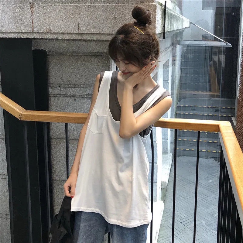 Áo Thun Không Tay Cổ Tròn Giả Hai Lớp Dáng Rộng Phong Cách Hàn Quốc Thời Trang Mùa Hè Hàng Mới Dành Cho Bạn Nữ Sinh