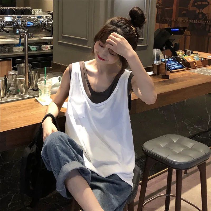 Áo Thun Không Tay Cổ Tròn Giả Hai Lớp Dáng Rộng Phong Cách Hàn Quốc Thời Trang Mùa Hè Hàng Mới Dành Cho Bạn Nữ Sinh