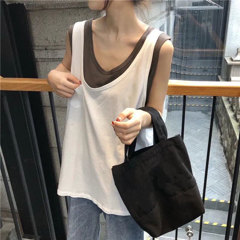 Áo Thun Không Tay Cổ Tròn Giả Hai Lớp Dáng Rộng Phong Cách Hàn Quốc Thời Trang Mùa Hè Hàng Mới Dành Cho Bạn Nữ Sinh