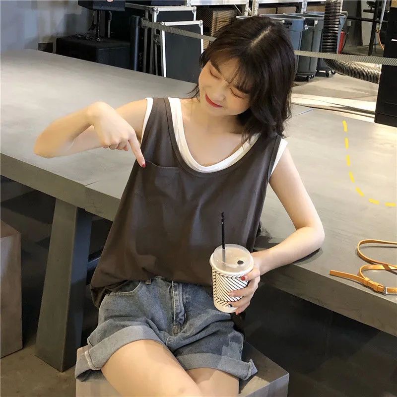 Áo Thun Không Tay Cổ Tròn Giả Hai Lớp Dáng Rộng Phong Cách Hàn Quốc Thời Trang Mùa Hè Hàng Mới Dành Cho Bạn Nữ Sinh